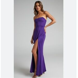 Sarisa Midi Dress Strapless Thigh Split Dress in Purple High Slit Gown Size 16